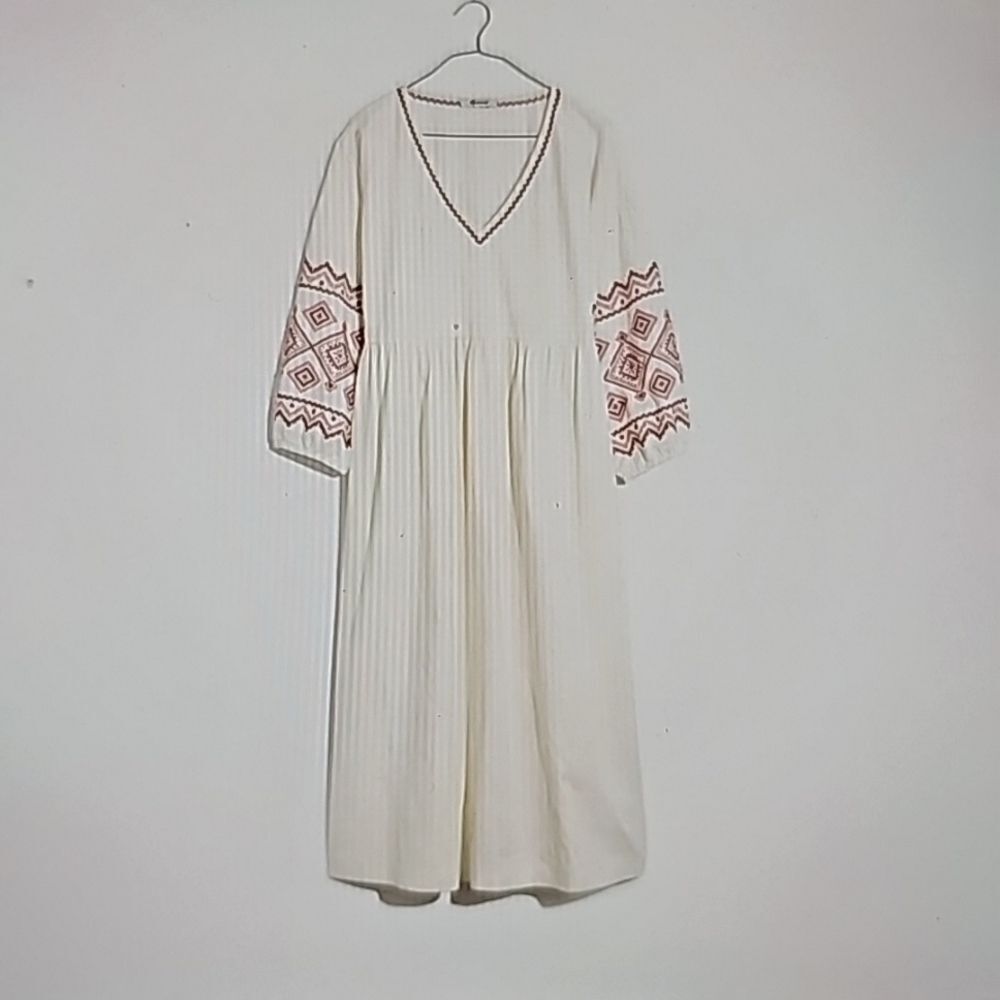 Madewell Cream Midi Dress with Rust Embroidered Sleeves